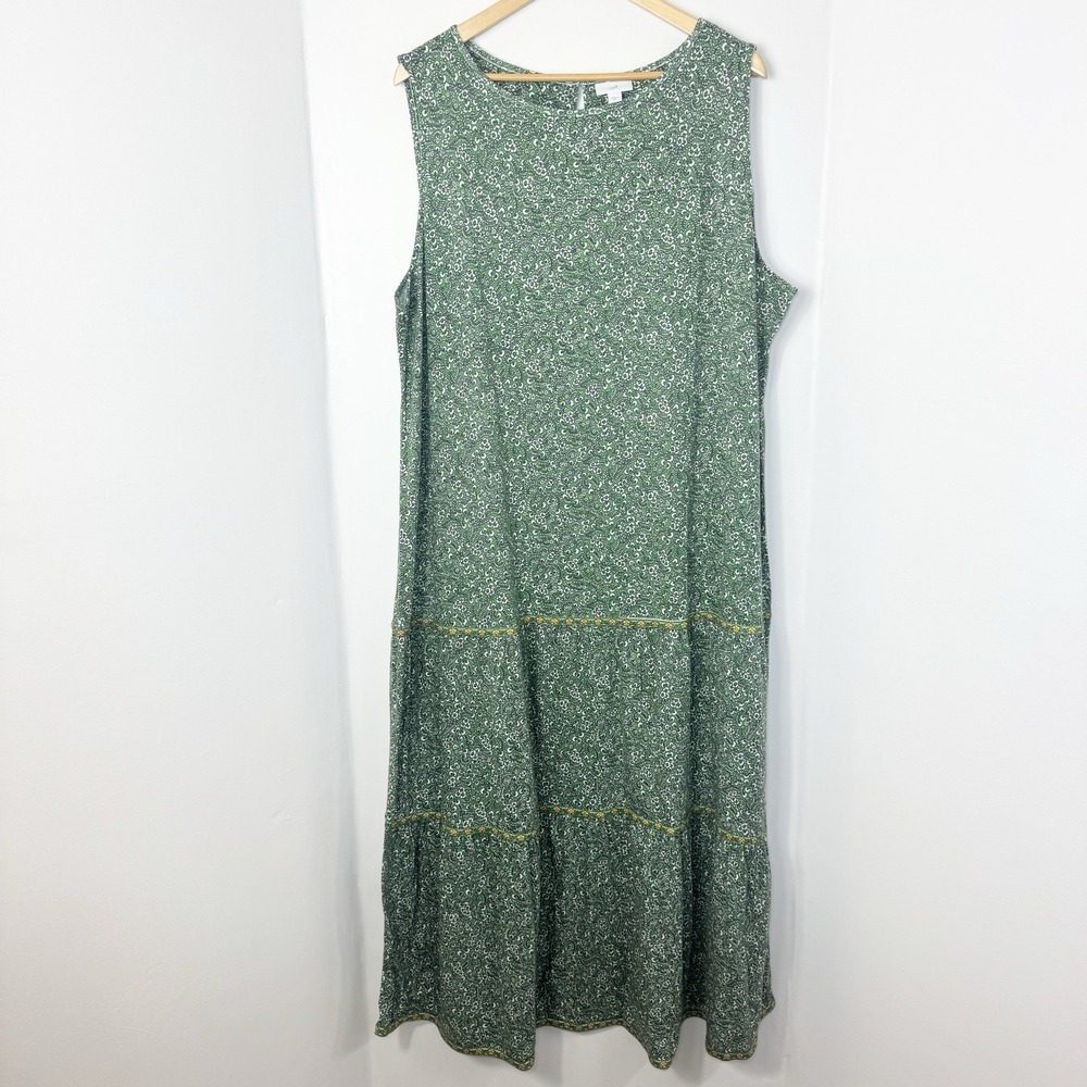 J.Jill Tiered Floral Green Maxi Dress Size 3X Soft Knit Cottagecore Boho Flowy - Picture 3 of 11